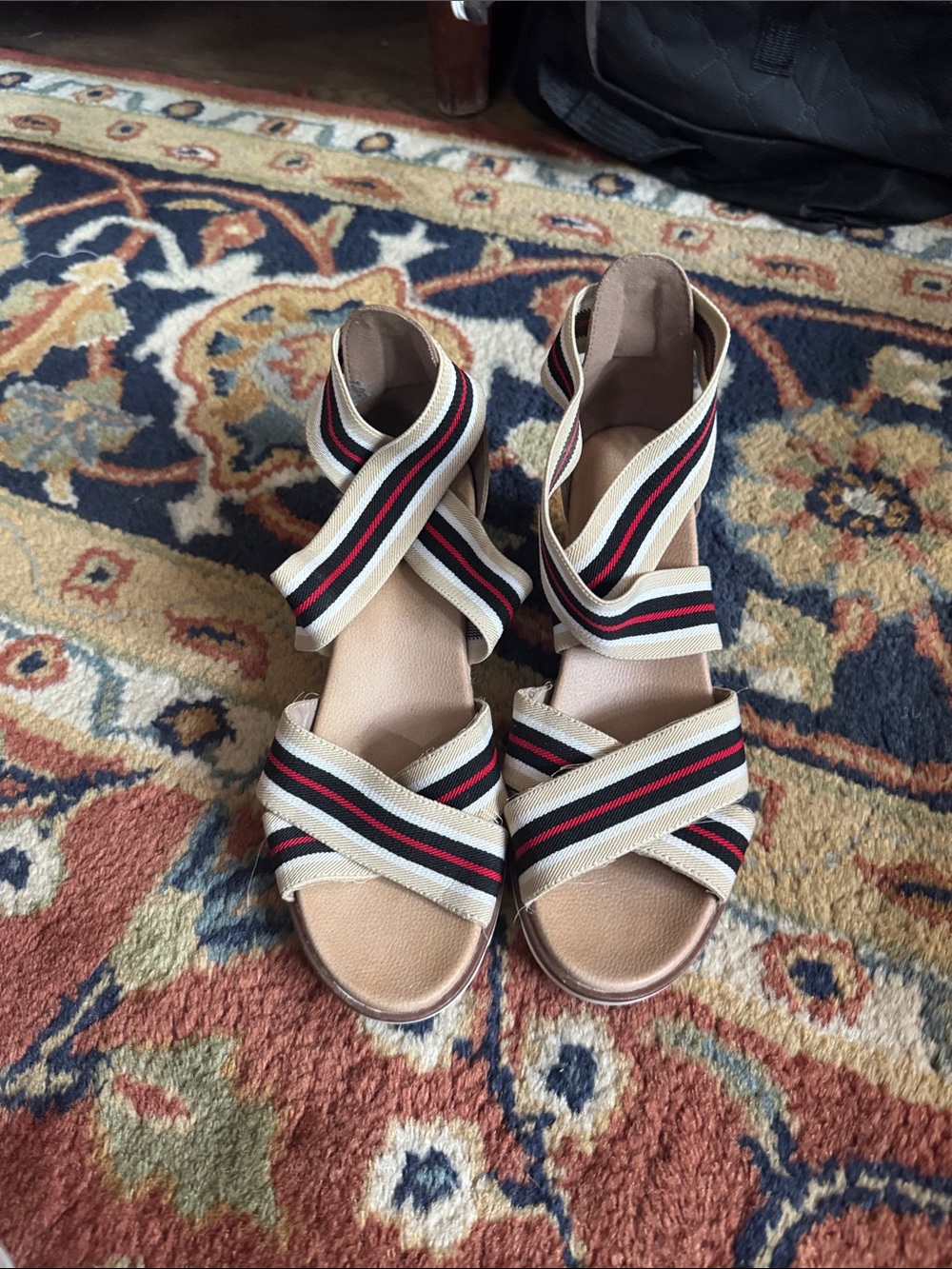 Mia Striped Ankle-Wrap Sandals in Beige with Black & Red Accents